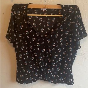 Black Flowered Shirt - Tie Front, Rouching
